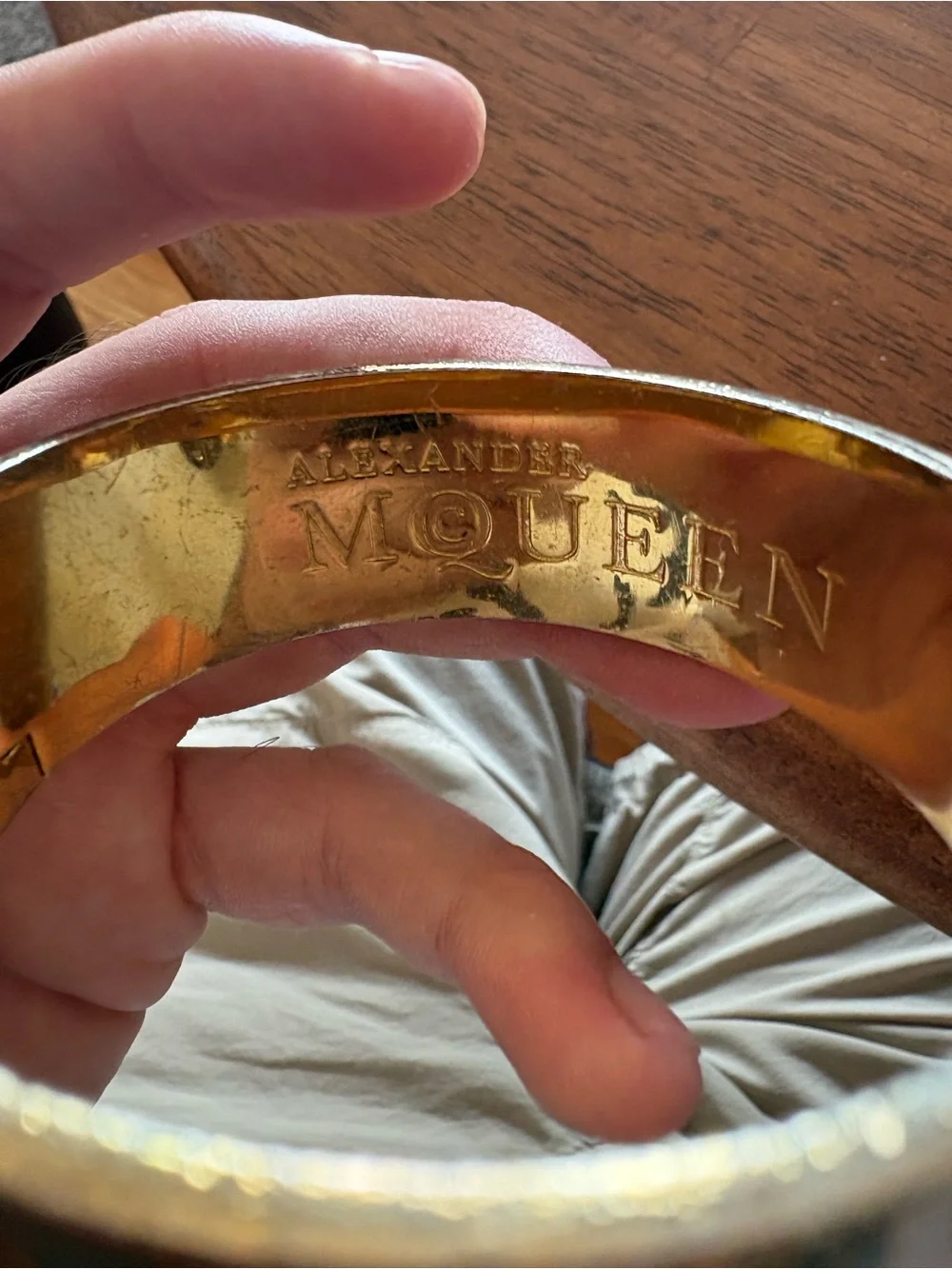 Alexander McQueen green and gold enamel skull wide hinged bangle cuff bracelet